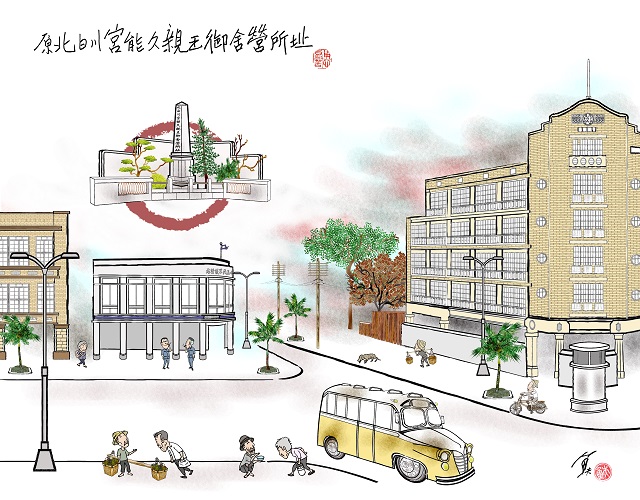 這張圖畫面中央是戰後初期二層樓高的台南市中區民眾服務社，即後來的國民黨台南市黨部，而林百貨的大門則被築起了圍牆，還設有崗哨。現在的國民黨台南市黨部，外型實在不恭維。